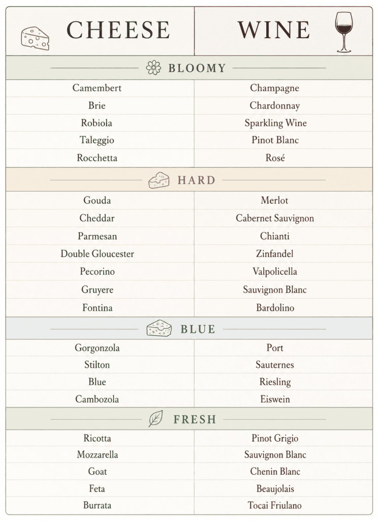 Cheese and wine pairing chart with varieties like Camembert, Chardonnay, Gouda, Merlot, and more.